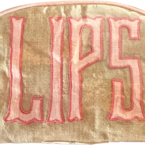 Natural fabric pouch with pink "LIPS" lettering on the front. Zipper closure at the top.