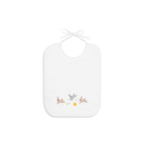 White bib featuring embroidered rabbits and a chick playing with a yellow ball.