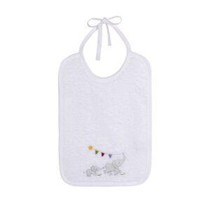 White bib with embroidered elephants and colorful flags, featuring a baby elephant and its parent.