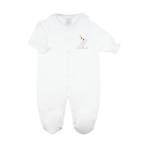 White pyjama with short sleeves, featuring an embroidered elephant and colorful party hat design.