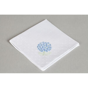 White handkerchief with embroidered blue hydrangea flower design.
