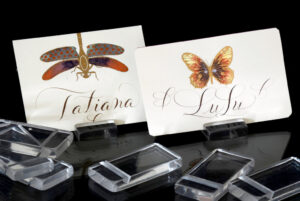 Two name cards display "Tatiana" with a dragonfly illustration and "Lulu" with a butterfly illustration, on a black surface.