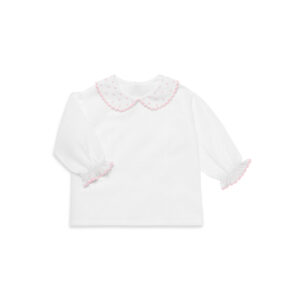 White long-sleeve shirt with a pink scalloped collar and ruffled cuffs.