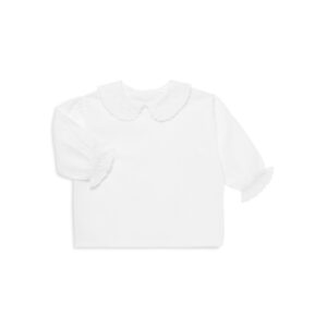 White shirt with a scalloped collar and ruffled sleeves.