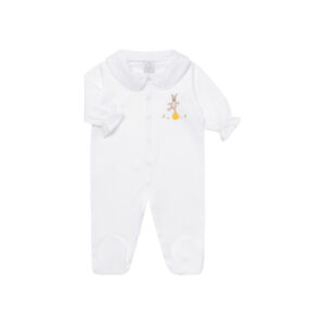 White baby onesie with a collar and bunny design on the front.