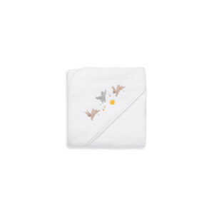 White bath towel with a hood, featuring embroidered rabbits and a sun.