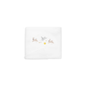 White fleece blanket featuring embroidered rabbits and a sun.