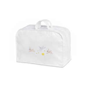 White bag featuring playful rabbits and a yellow ball on the front.