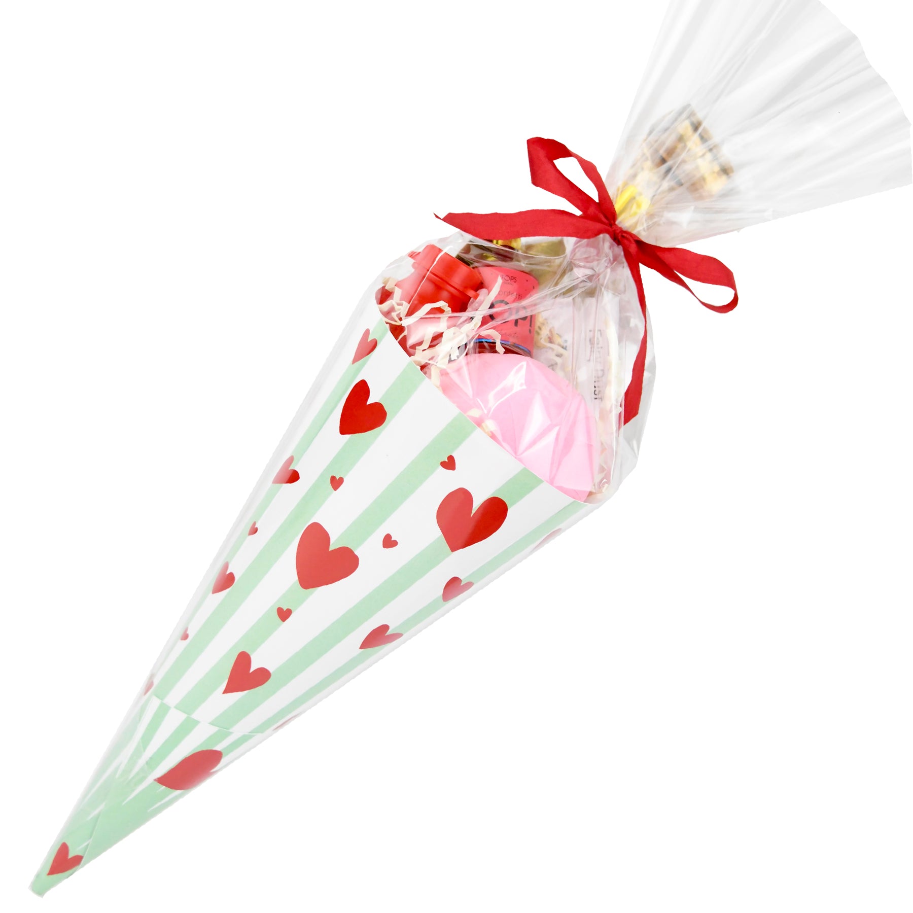 A cone-shaped gift filled with treats, decorated with red hearts and tied with a red ribbon.