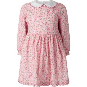 Pink floral dress with long sleeves and a white scalloped collar. Ruffled hem at the bottom.