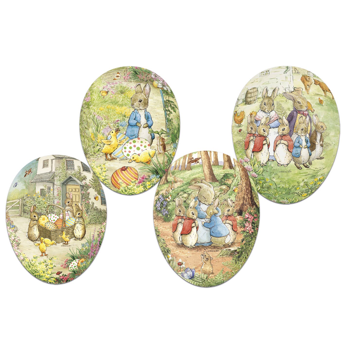 Four illustrated eggs feature rabbits and chicks in various springtime scenes, including gardens and forests.