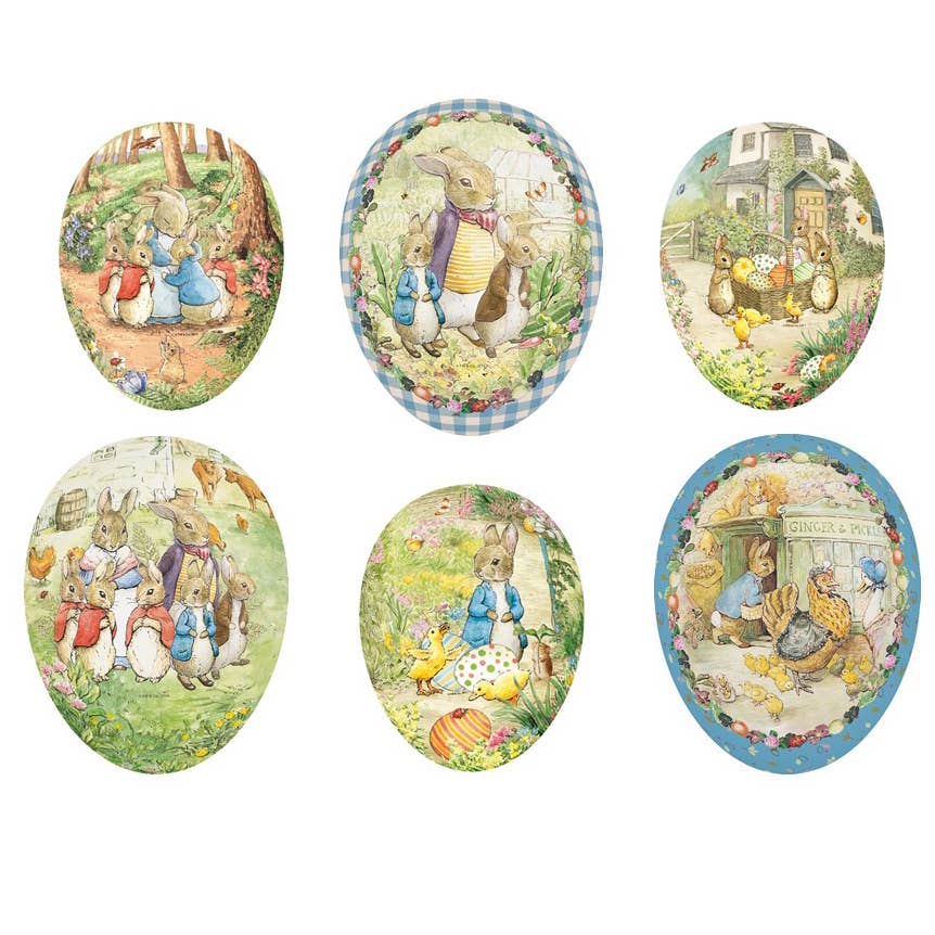 Six illustrated Easter eggs featuring rabbits in various scenes, including gardens and playful activities.