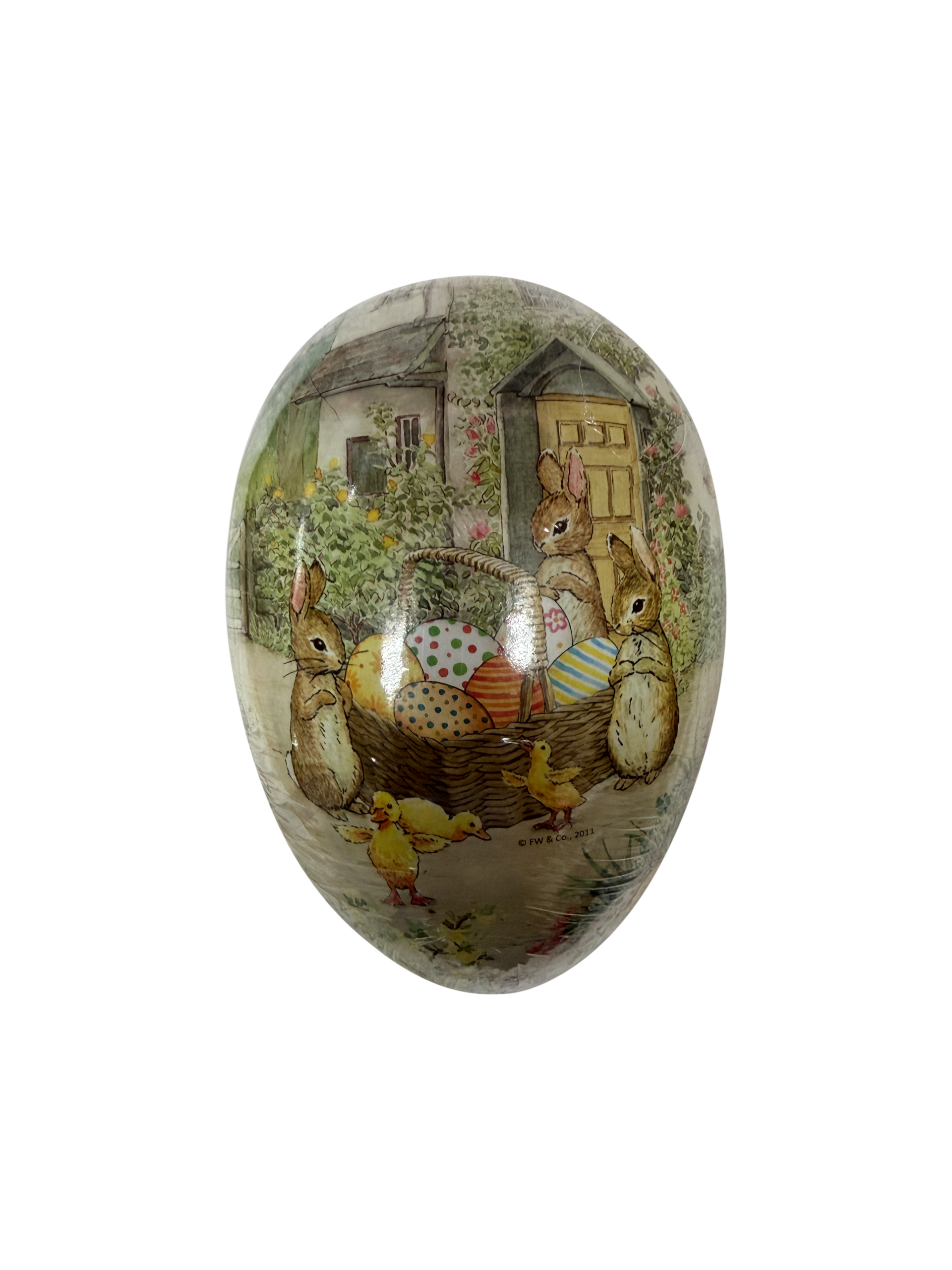 Beatrix Potter Medium Egg Decorative egg featuring rabbits and ducklings around a basket of colorful eggs near a cottage.
