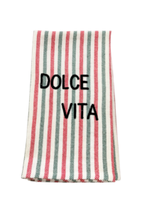 Striped kitchen towel features "DOLCE VITA" text in black.
