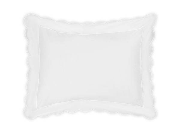 White pillow sham with scalloped edges, featuring a smooth surface and a simple design.