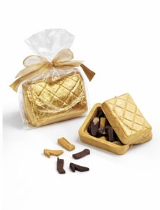 Gold foil-wrapped candy purse with assorted chocolate pieces spilling out.