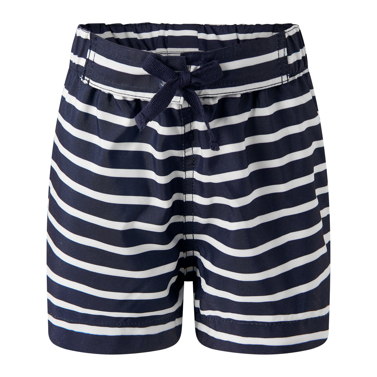 Navy blue swim shorts with white stripes and a drawstring waistband.