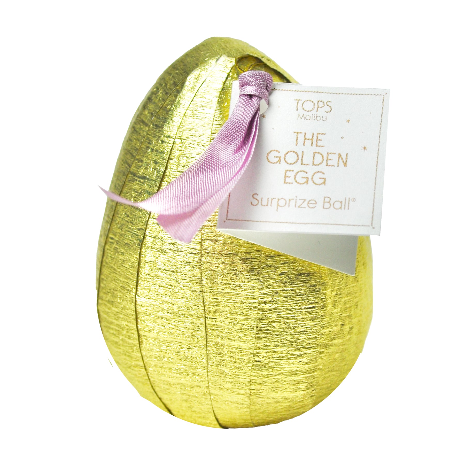 A shiny golden egg with a pink ribbon and a tag labeled "The Golden Egg Surprize Ball.