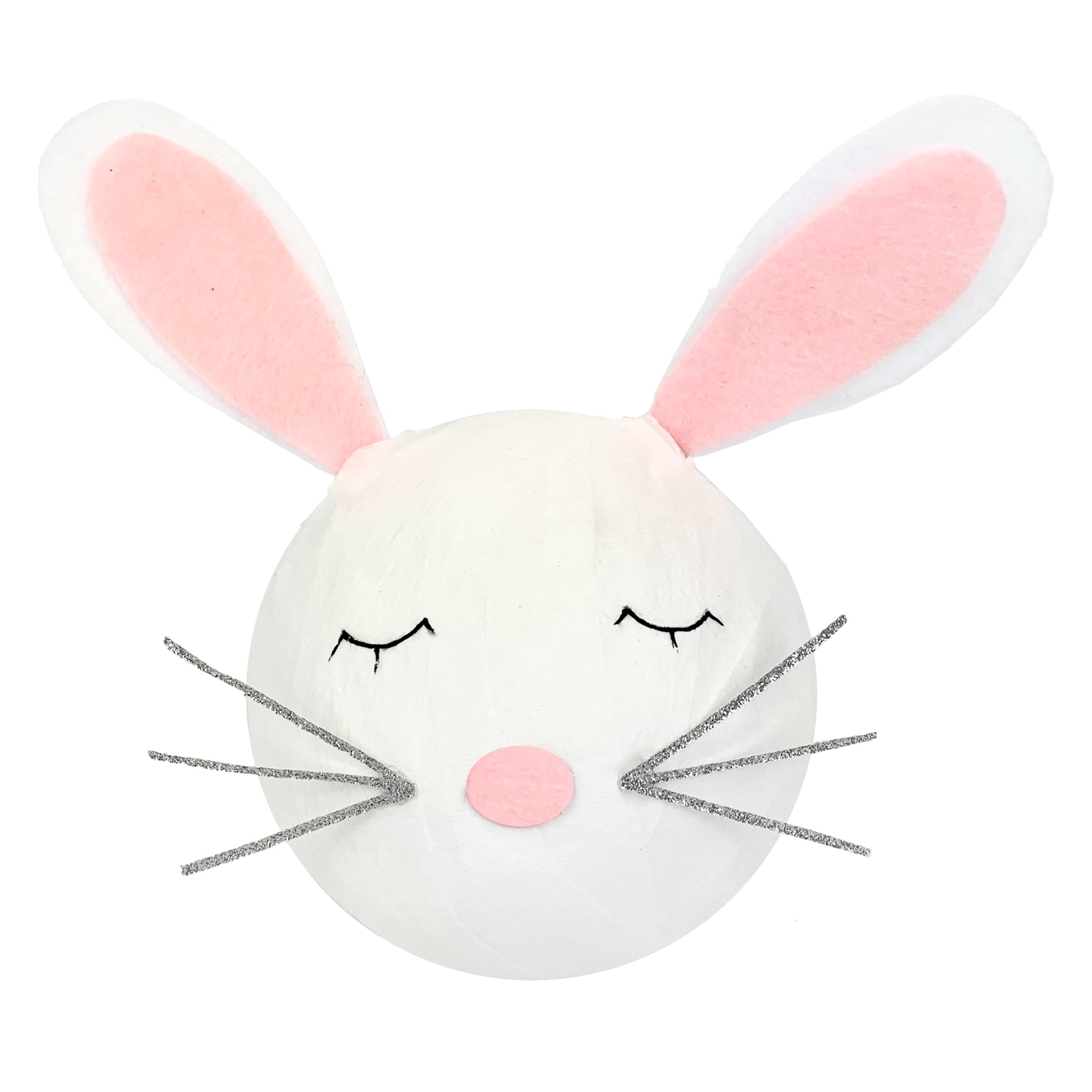 A round, white bunny face with pink ears, a pink nose, and silver whiskers. Eyes are closed.
