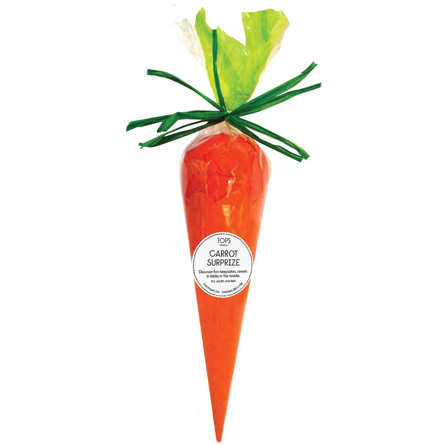 A cone-shaped carrot filled with surprises, wrapped in orange and green paper.