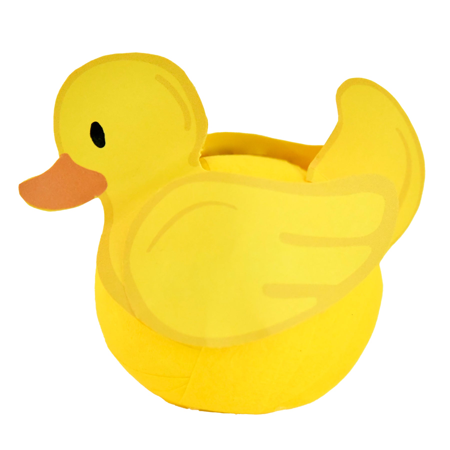 A yellow rubber duck with a smiling face and wings, resembling a playful toy.