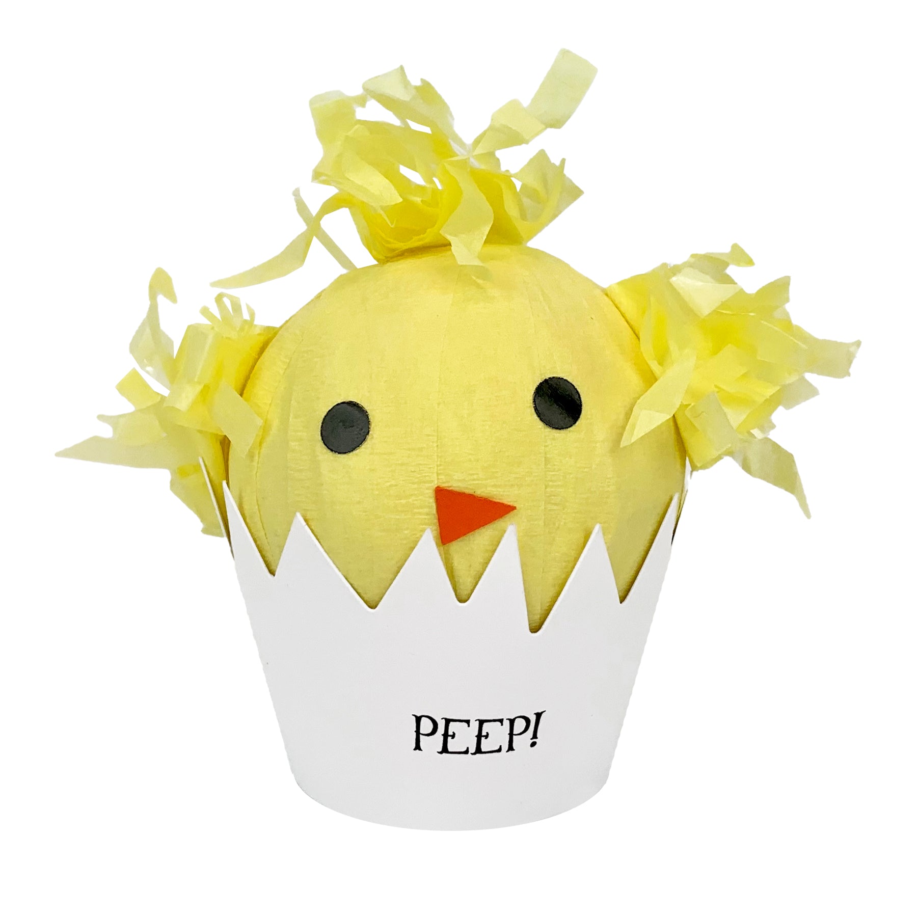 Yellow chick with black eyes and orange beak, nestled in a white cup labeled "PEEP!" with yellow paper fluff.