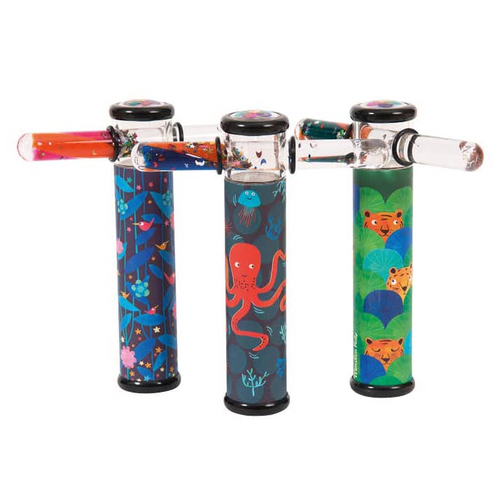 Three colorful glass pipes with playful animal and ocean-themed designs.