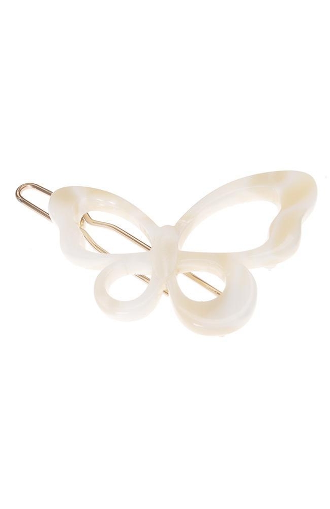 White butterfly-shaped hair clip with a metal pin.
