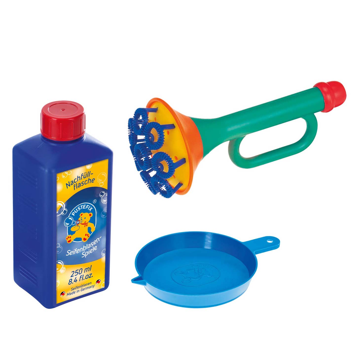 A blue bubble solution bottle, a bubble wand with multiple loops, and a blue dish for catching bubbles.