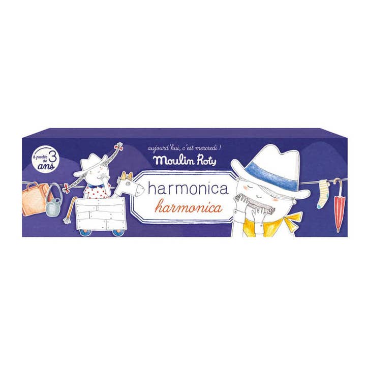 Colorful packaging for a harmonica featuring a whimsical character with a hat and a cart.