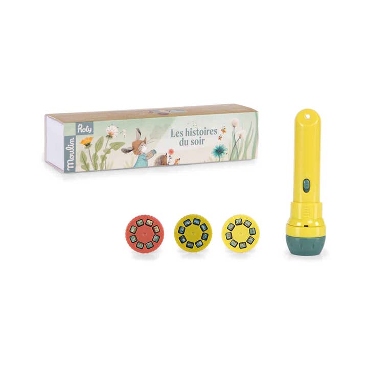 A yellow flashlight with three story discs and a decorative box titled "Les histoires du soir.