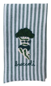 Striped kitchen towel featuring an embroidered broccoli character with the word "broccoli" below.