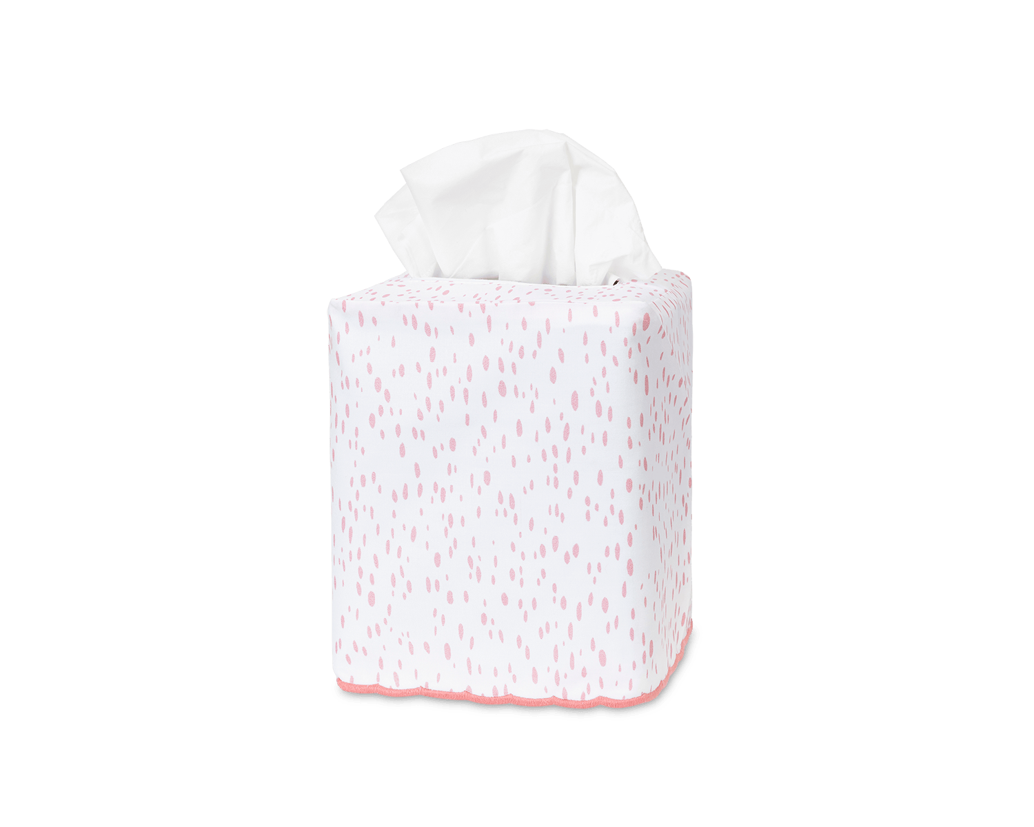 Square tissue box with a pink dotted design and a tissue partially pulled out.