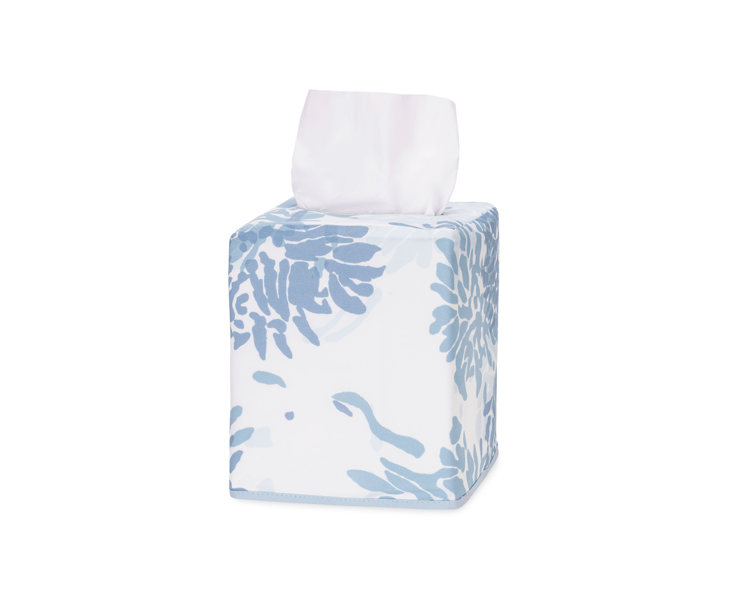Square tissue box with a floral blue design and a tissue partially pulled out.