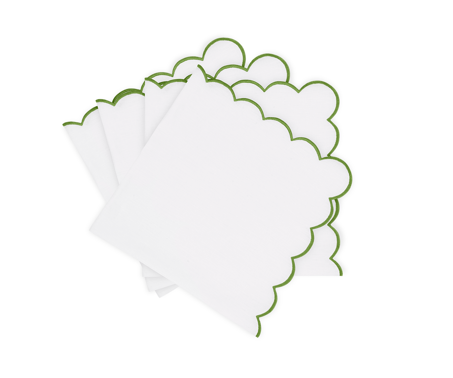 Stack of white napkins with green scalloped edges.
