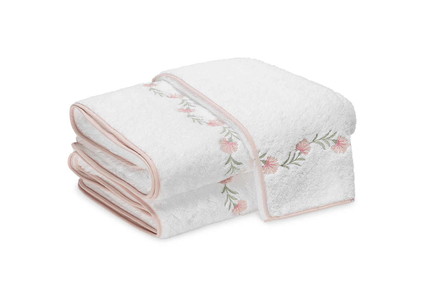 Two neatly folded white towels with pink floral embroidery along the edge.