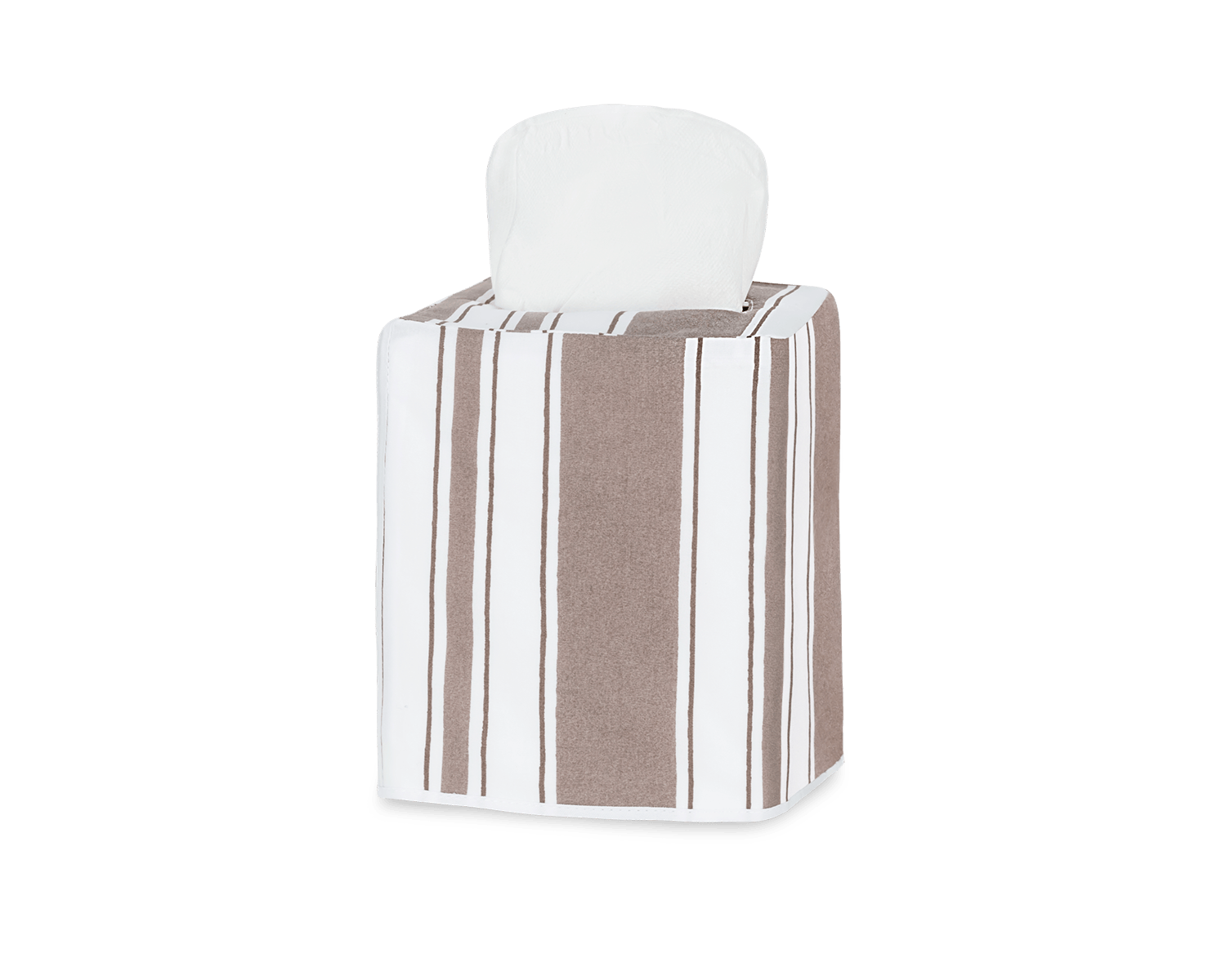 A rectangular tissue box cover with a striped design in brown and white.