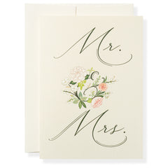 Greeting card with "Mr." and "Mrs." text, surrounded by floral illustrations.