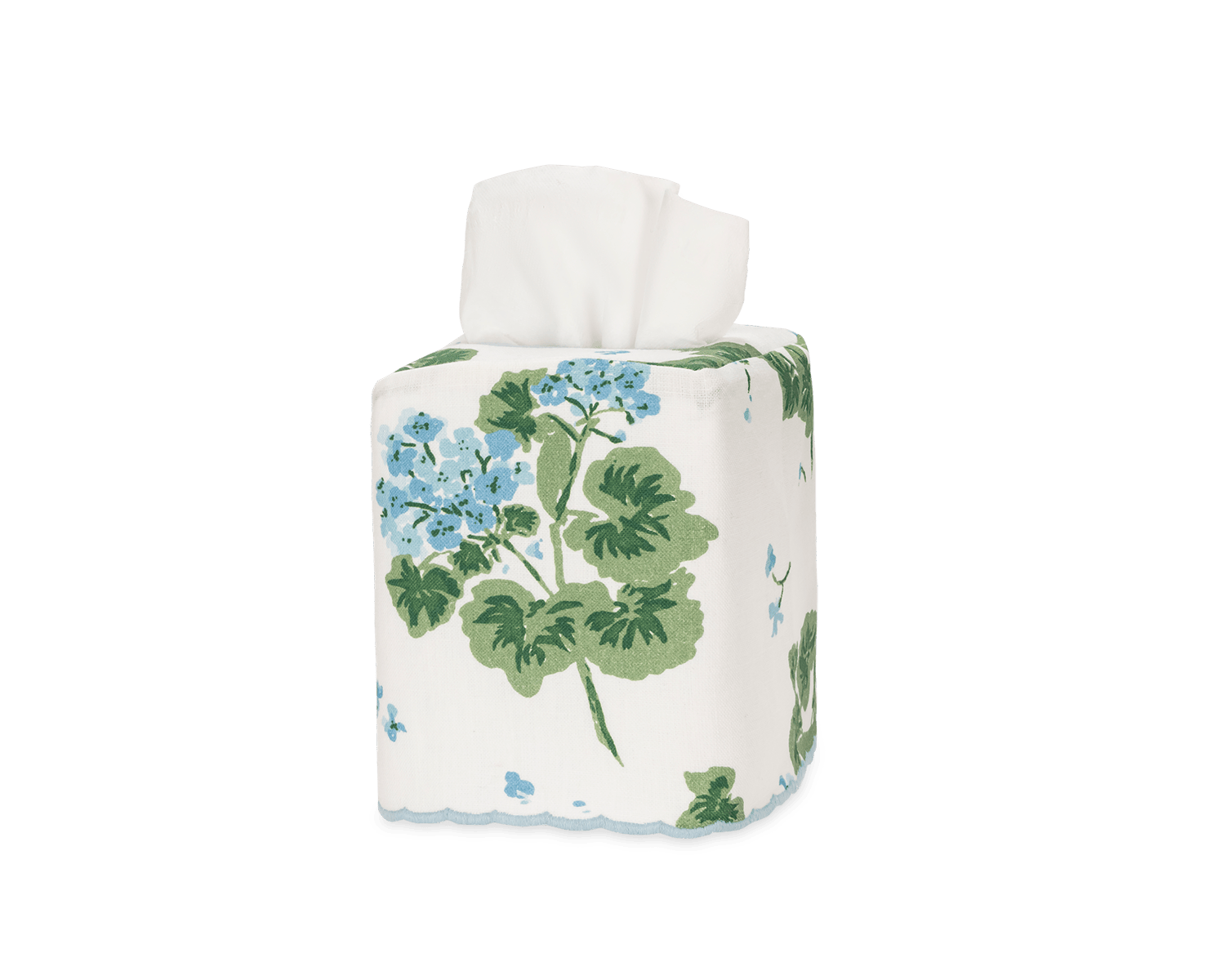 Tissue box with blue floral design and green leaves, tissues partially visible at the top.