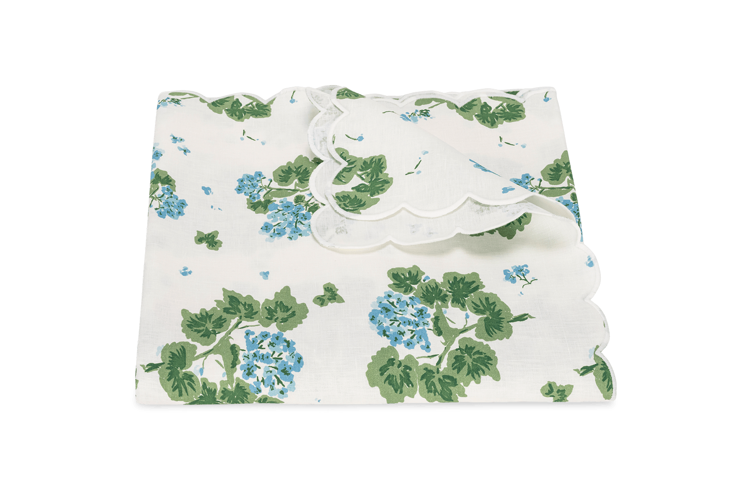 A folded tablecloth with blue geranium patterns and scalloped edges.