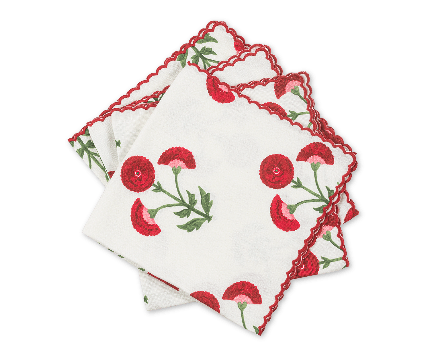 Stack of white napkins with red floral designs and scalloped edges.