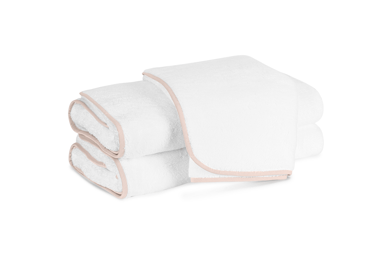 Stack of white towels with blush-colored trim, neatly arranged.