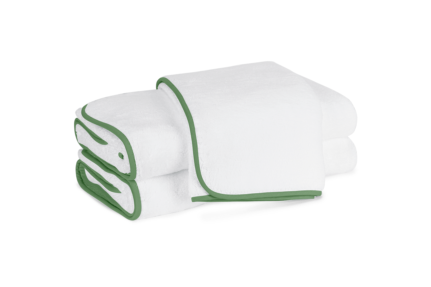 Three neatly stacked white towels with green trim.