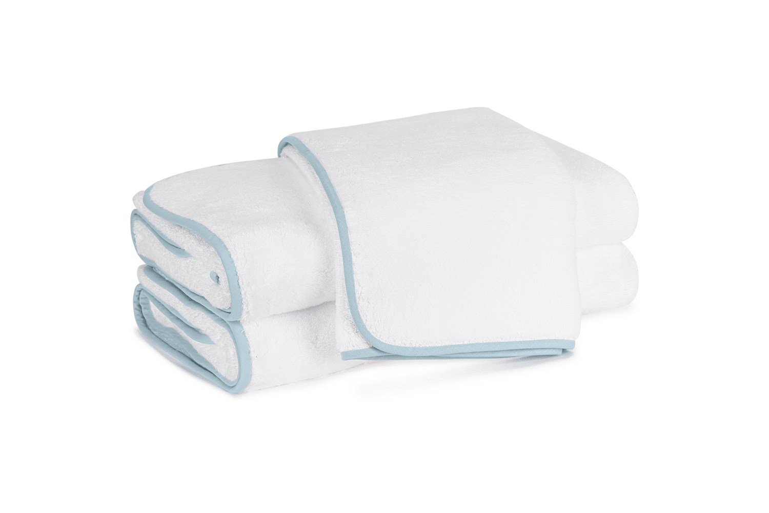 Stack of white towels with light blue trim, neatly folded.