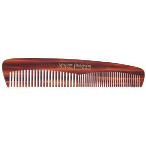 A Mason Pearson pocket comb with fine and wide teeth, featuring a tortoiseshell design.