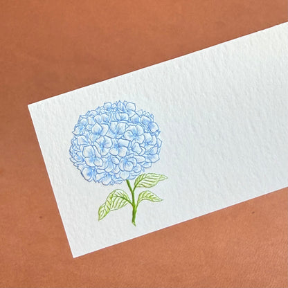 A detailed illustration of a blue hydrangea flower with green leaves on textured white paper.