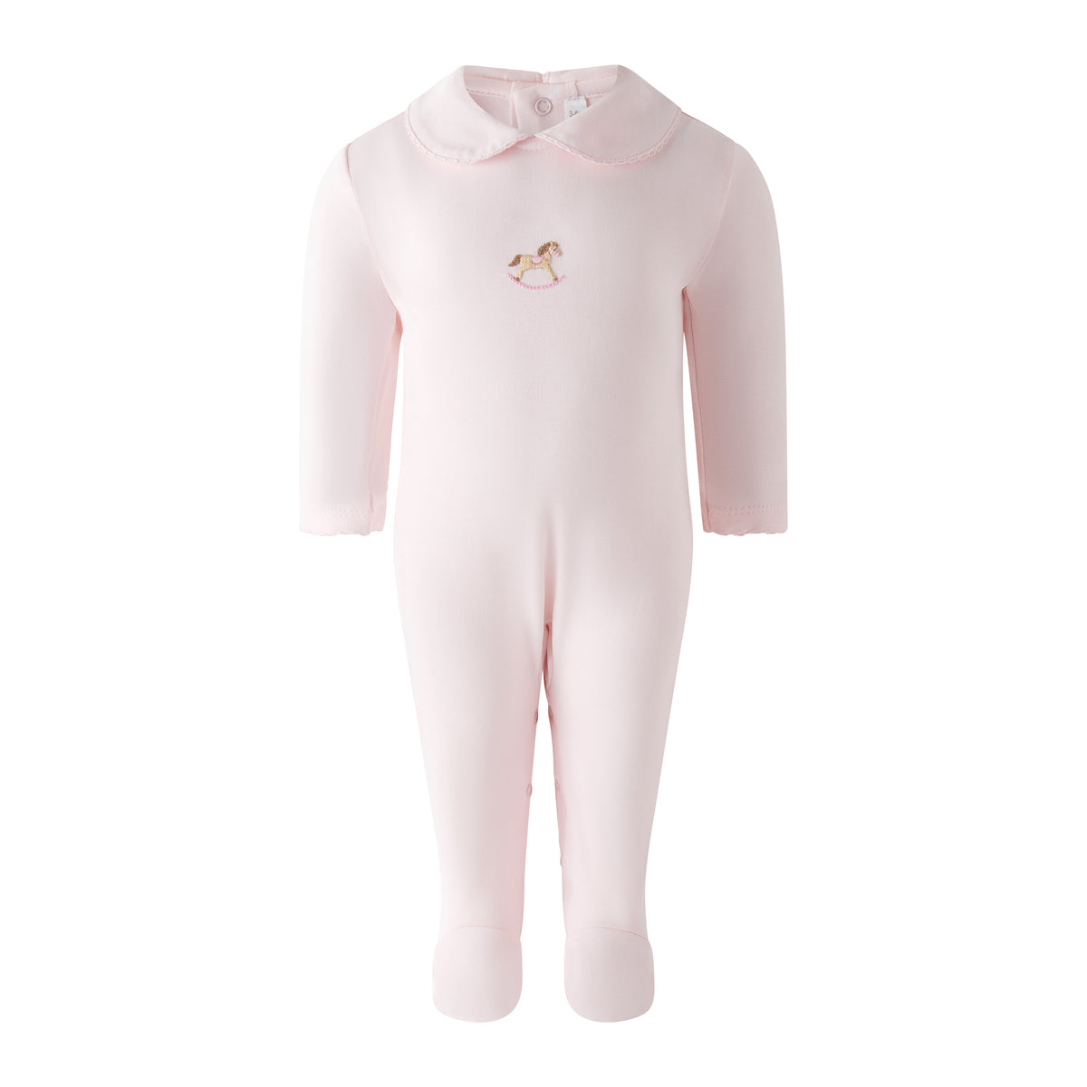 Light pink baby onesie with a collar and a rocking horse embroidery on the front.