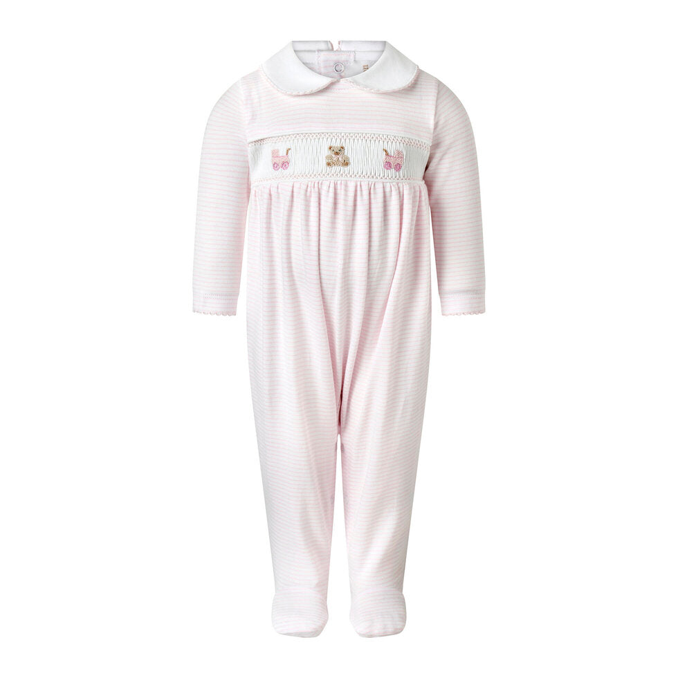 Light pink baby onesie with long sleeves, collar, and embroidered animal designs on the chest.