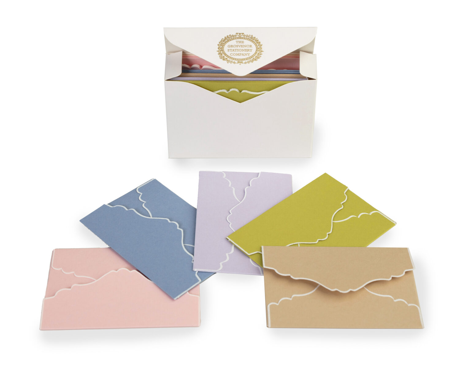 A box of colorful envelopes in various pastel shades, featuring decorative edges.