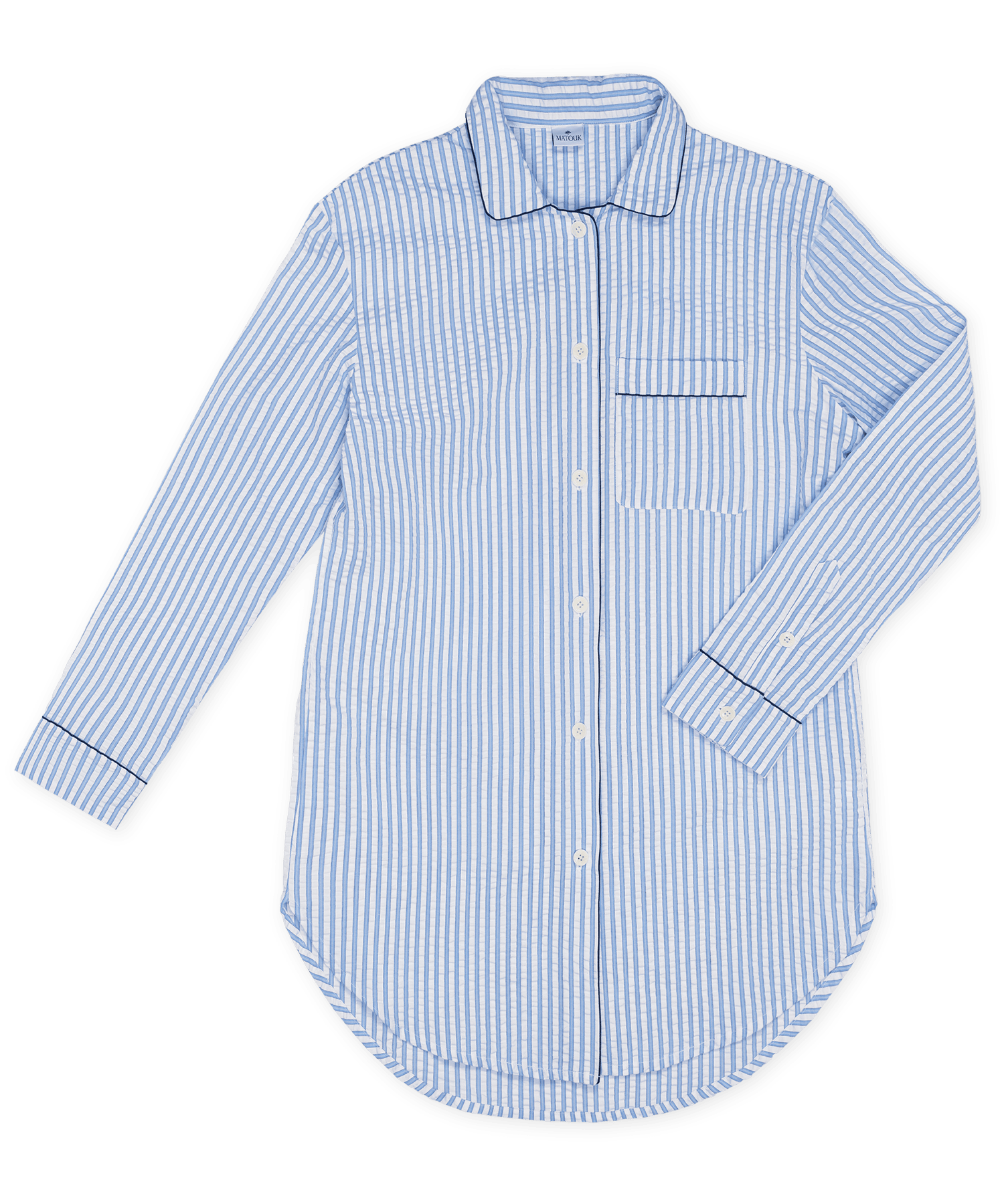Light blue and white striped long-sleeve shirt with a collar and pocket.